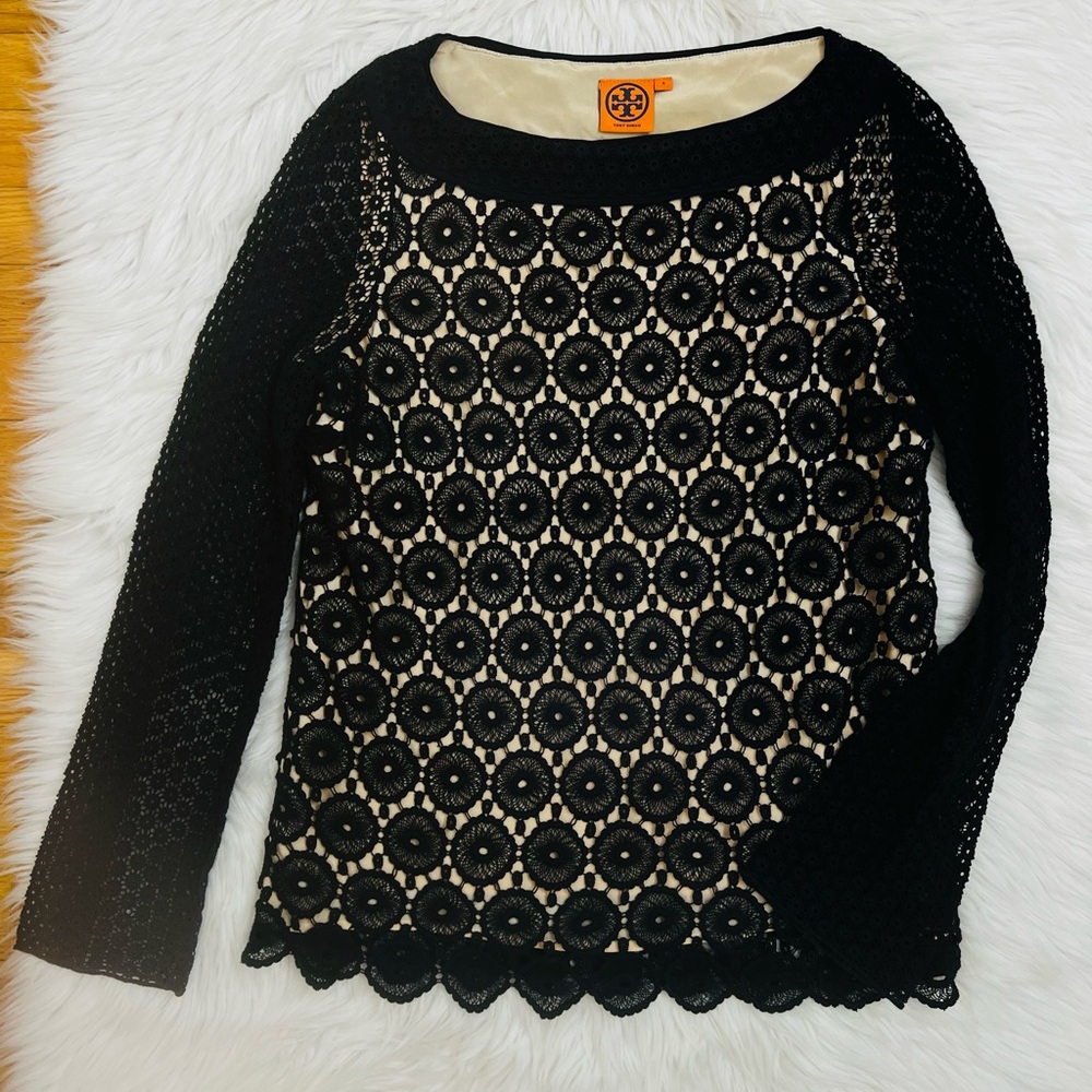 Tory Burch Janeen Crochet Long Sleeve Tunic Top Navy Blue Sz 6